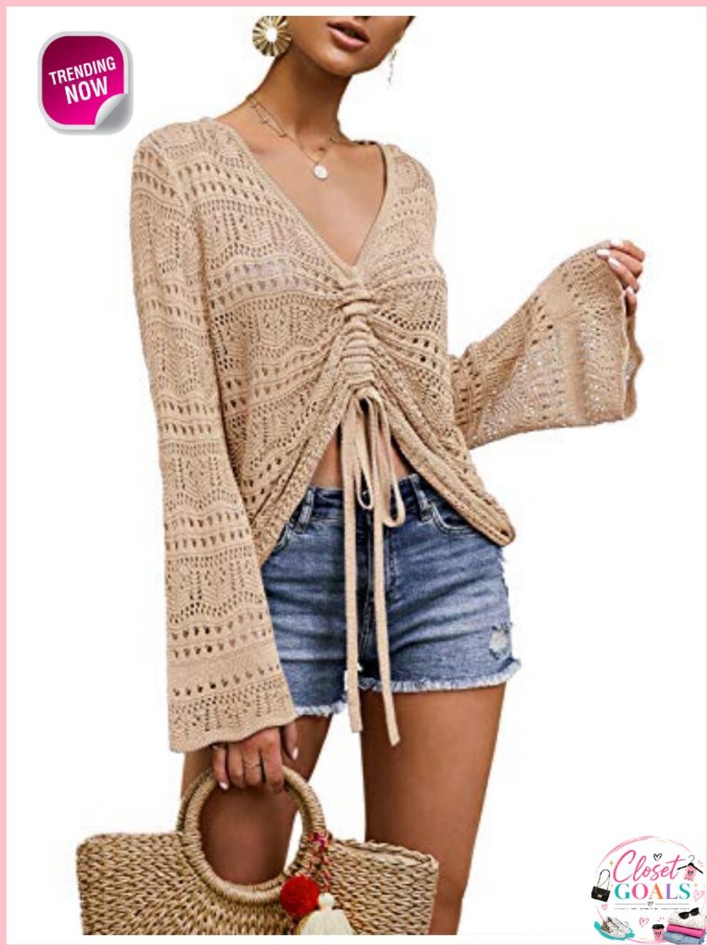 Knit Crochet Beach Cover-Up Drawstring Bell Sleeve